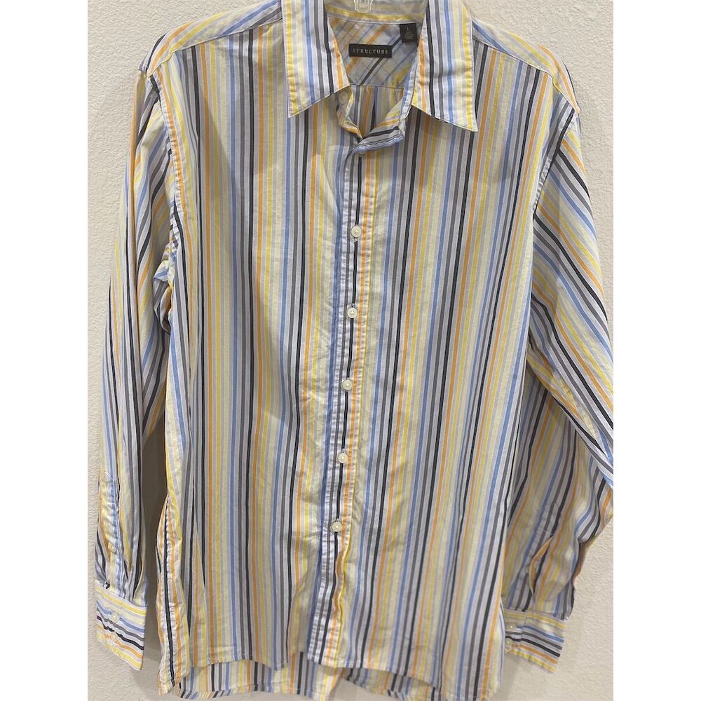 Vintage Men's Structure Multicolor Striped Long Sleeve Button-Up Shirt Size L